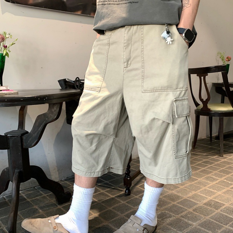 American Retro Solid Color Capri Pants Men's Cordwork Pants Multi-Pocket Design Washed Shorts Men's and Women's Summer Trendy Pants