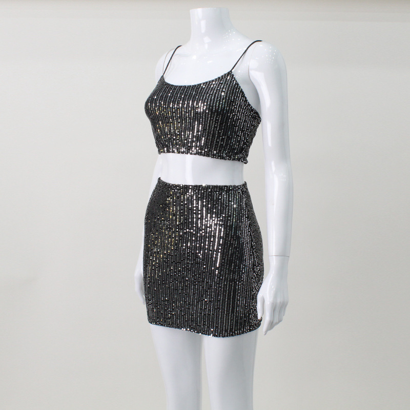 Women Clothing Autumn Sexy Cropped Backless Strap Top Sequined Slim Fit Hip Skirt Set