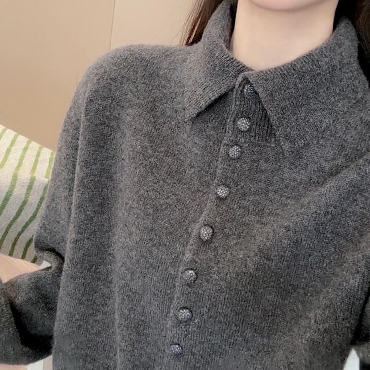 Recommended! New European-Style High-End Gray Polo Collar Sweater for Women, Winter 2026 New Thickened Warm Knitwear