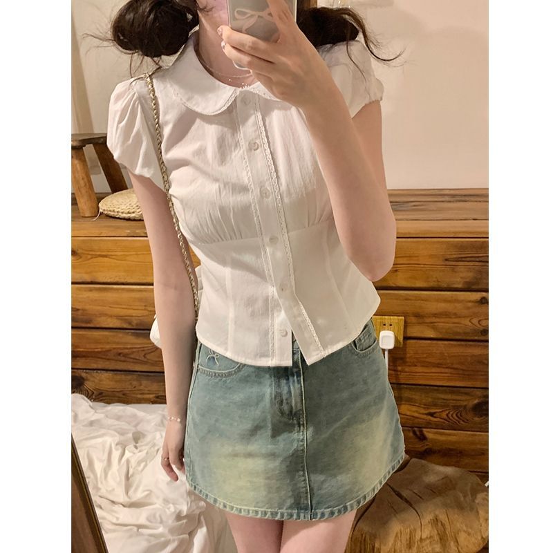 Lace Doll Collar Shirt for Women, Summer Short-Sleeve Blouse for Petite Figures, Age-Reducing Waist-Cinching Top, Soft Satin Xiangyun Silk Lace Doll Collar Shirt for Women, Summer Short-Sleeve Blouse for Petite Figures, Age-Reducing Waist-Cinching Top, Soft Satin Xiangyun Silk