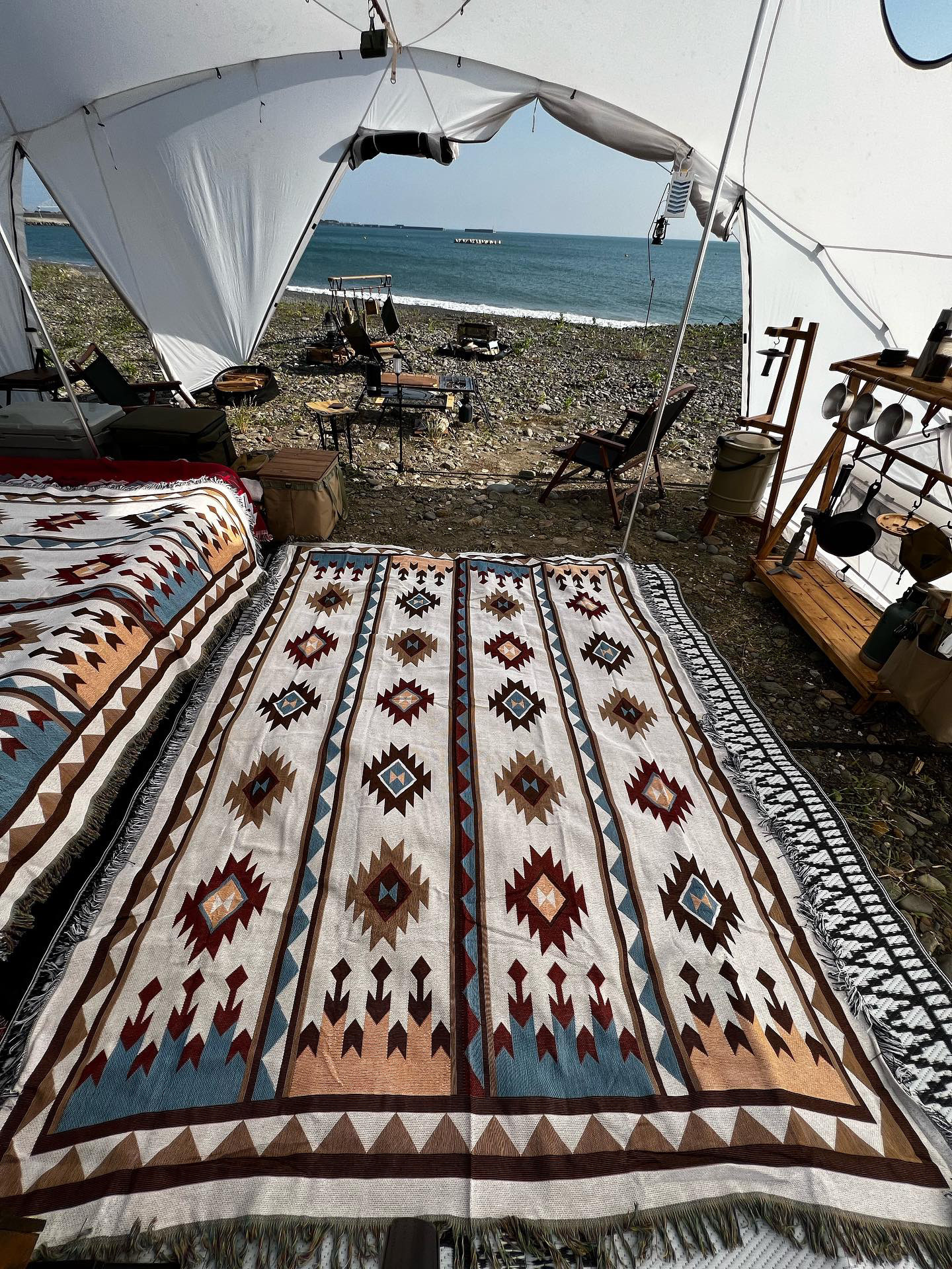 Japanese camping blanket, sofa towel, camping picnic blanket, ethnic style picnic rug_voghion.com