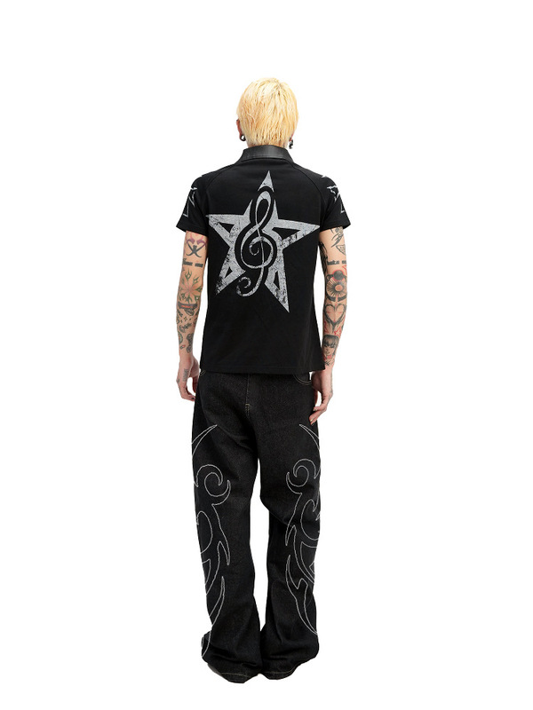 DETW 25ss*《20ERA》暗黑标语拼接PU皮POLO衫正肩修身短袖Tee|undefined