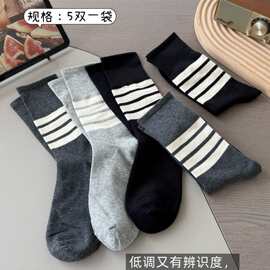 韩系条纹四条杠中筒袜一组5双