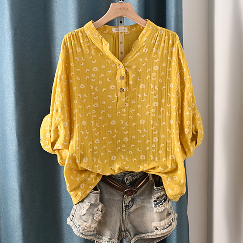 Pastoral Floral Scissors V-neck Half-sleeve Shirt Women's 2024 Summer New Gauze Loose Mid-sleeve Shirt