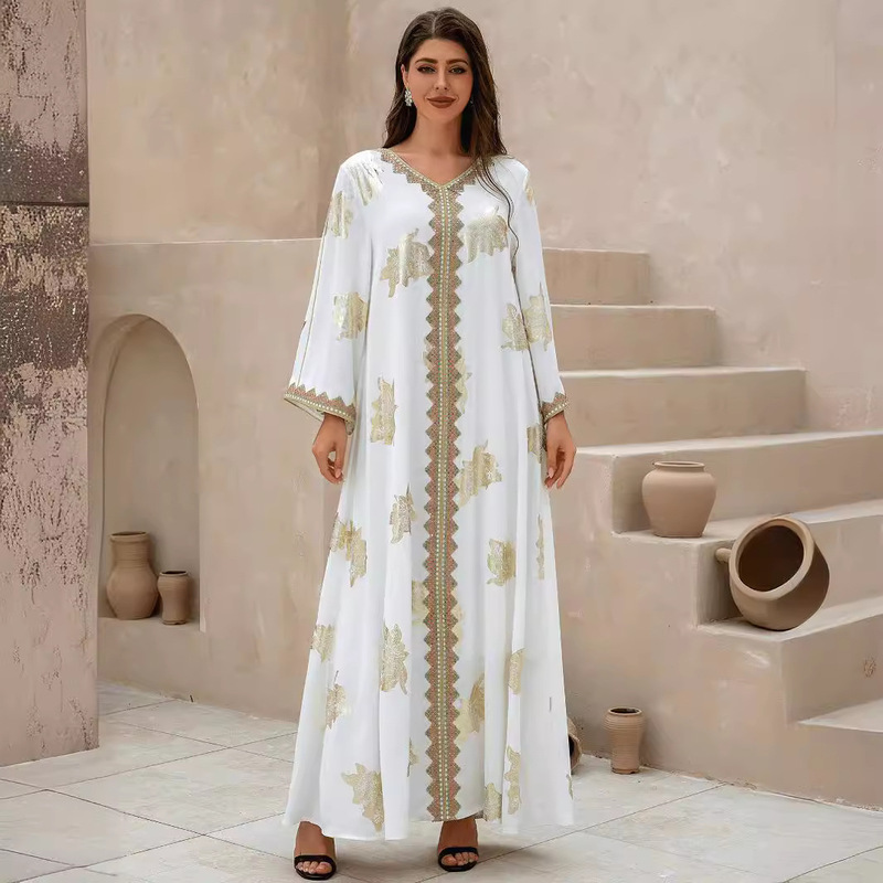 Zd016 European and American Cross-Border Women's Evening Dress with Floral Gold Stamping Abaya Robe Ethnic Tribal Style