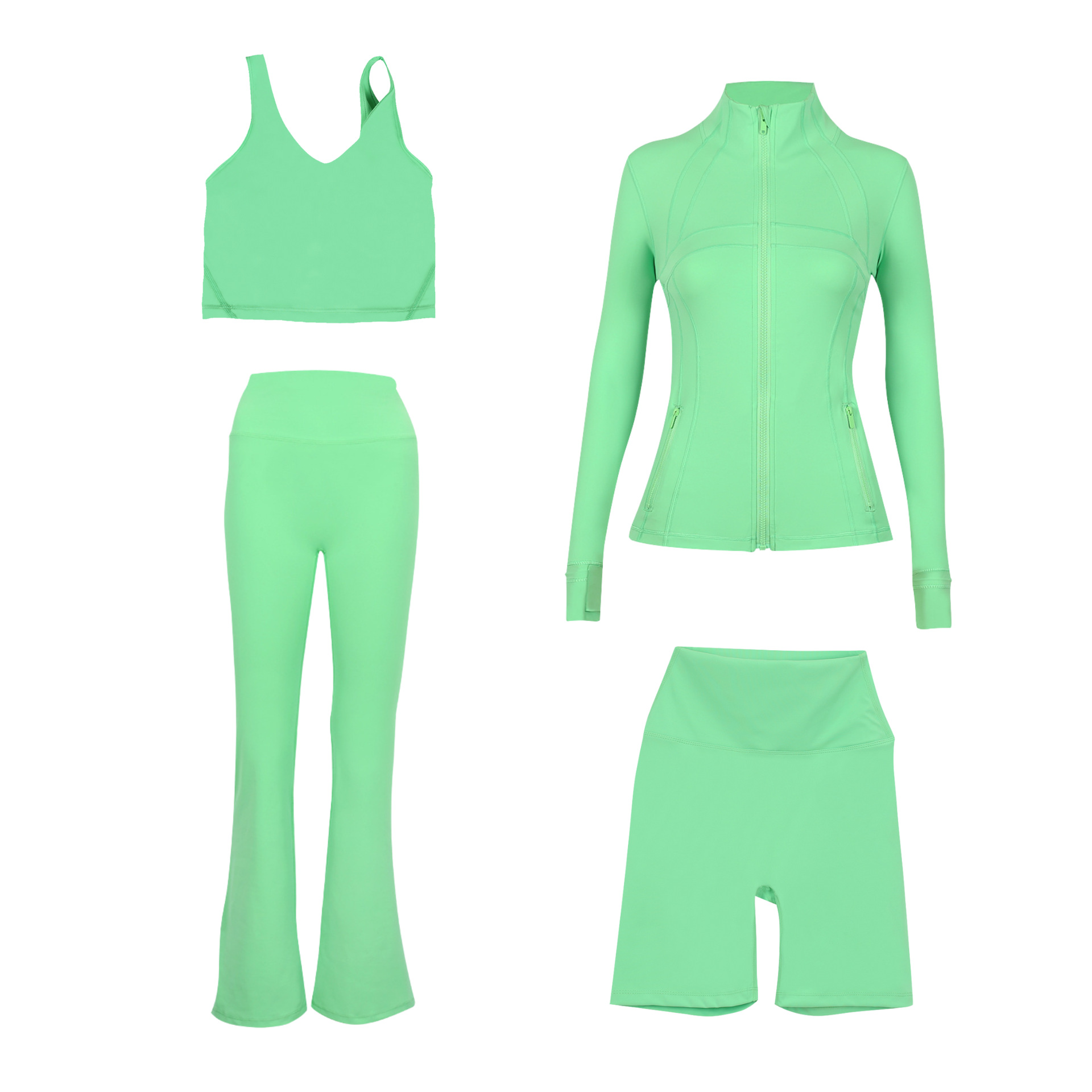 Damen-Sportbekleidung, Slim Fit, Set, U-förmige Weste, Schlaghose, Shorts, 4-teiliges Set, auf Lager, Fitnessbekleidung, Gym-Outfit_voghion.com