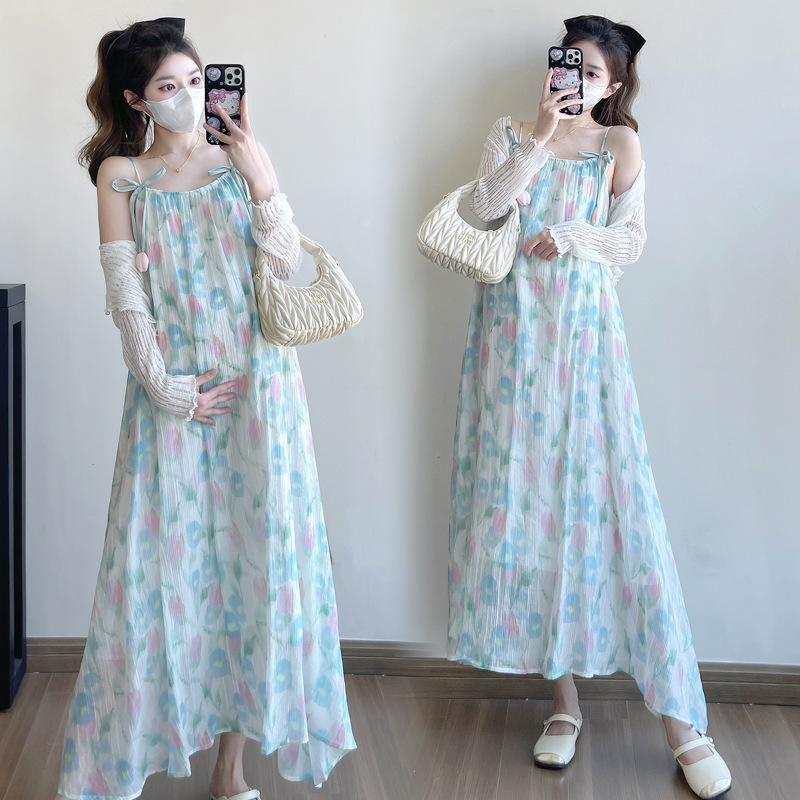 2025 new floral tulip flower two-wear suspenders pregnant women dress cardigan pregnant women two-piece set