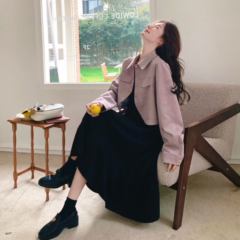 Purple Suede Short Jacket Suspender Dress Suit for Women in Early Autumn, Super Popular Korean Style Outfit Set