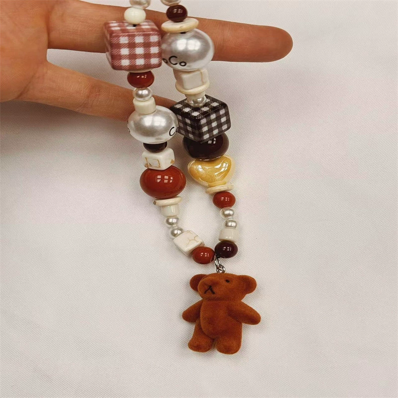 Phone Charm Strap with Velvet Bear Pendant, Beaded Lace Camera & Mobile Chain, Colorful
