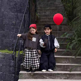 女童套装26春季新款韩版儿童可爱卡通贴布长袖T恤上衣格子灯笼裤