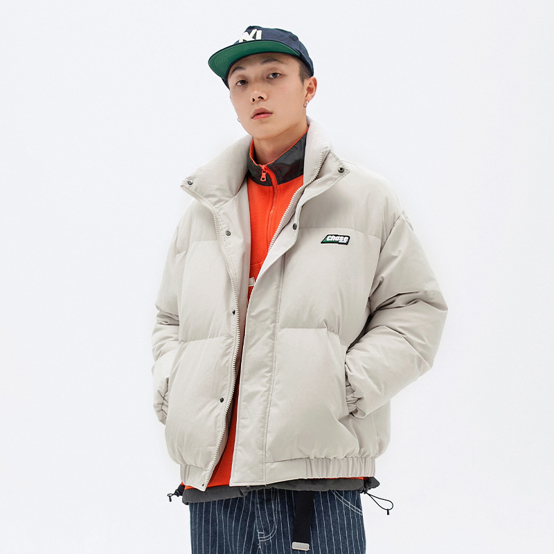 Chaqueta acolchada estilo coreano y japonés para hombre, invierno 2024, nueva, estilo panadero, versátil, moderna, con cuello alto, estampada, de algodón.