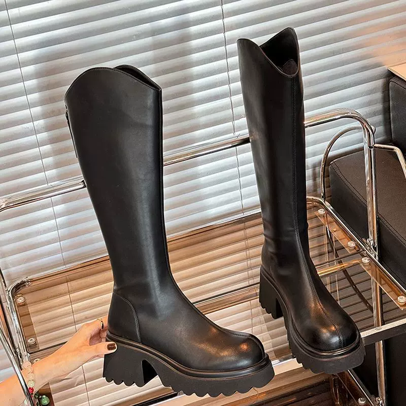 圆头纯色后拉链长靴女2024秋冬新款时尚复古高筒靴厚底增高骑士靴