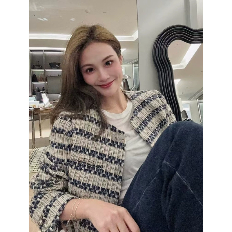 Сине-белый полосатый твидовый жакет в стиле Chanel, весна-осень 2025, новый элегантный универсальный топ для светских мероприятий