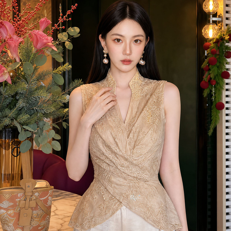 New Chinese-Style High-End Lace Sexy Design Shirt for Women, Summer 2026 New Sleeveless Hollow-Out Top P0549 New Chinese-Style High-End Lace Sexy Design Shirt for Women, Summer 2026 New Sleeveless Hollow-Out Top P0549