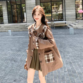 减龄格纹拼接娃娃领风衣外套女春秋2025新款爆款高级感小个子大衣