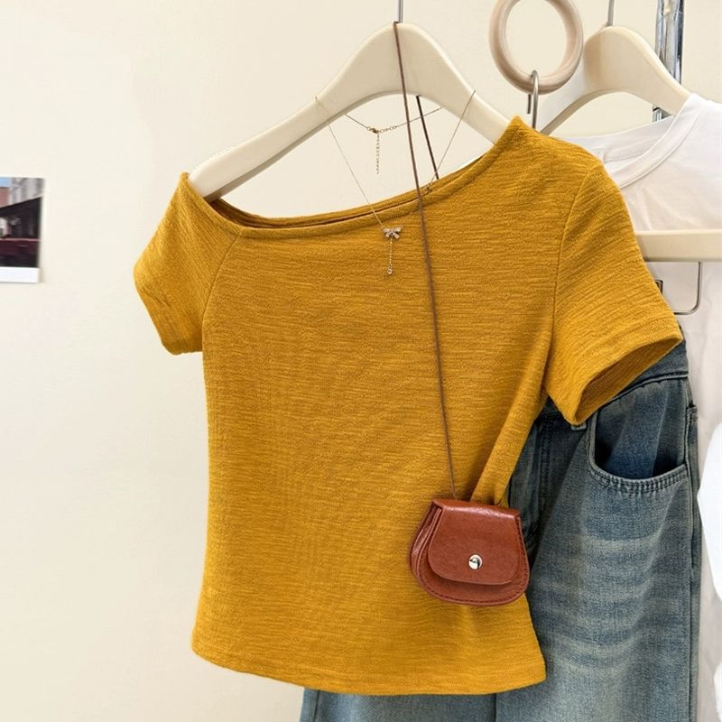 Mango Yellow Textured Slanted Shoulder Short-Sleeved T-Shirt for Women Summer New Slimming Look 2025 Chic and Beautiful Top Ins