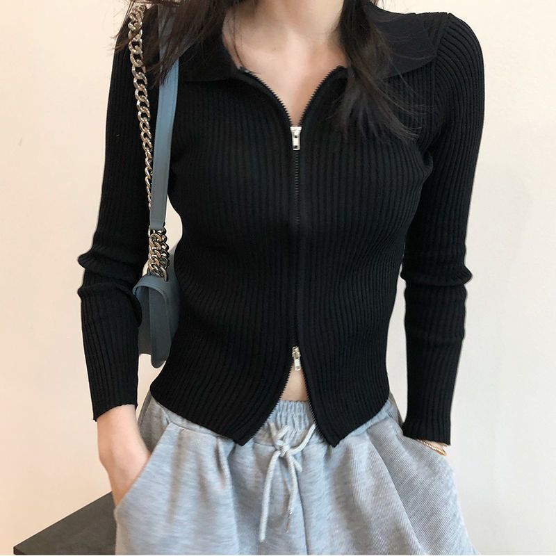 Knitted Tops for Women New 2025 Spring & Fall Sexy Slim Short Tops Design Zipper Sweater Cardigan Bottoming