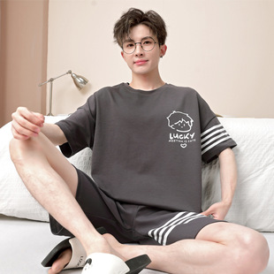 Teen Pajamas Men's Summer Short-Sleeved Pure Cotton Big Children Student Cartoon Boy Cotton Large Size Home Clothes Summer