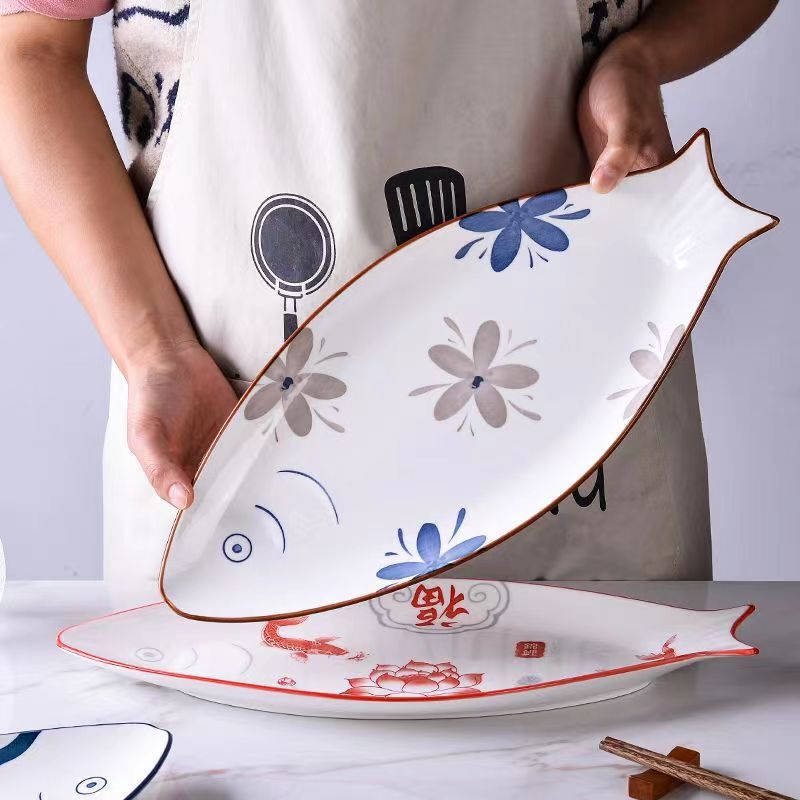 Household ceramic tableware underglaze 16-inch Pearl fish plate creative new year steamed fish plate fish-shaped dish microwave-free Household ceramic tableware underglaze 16-inch Pearl fish plate creative new year steamed fish plate fish-shaped dish microwave-free