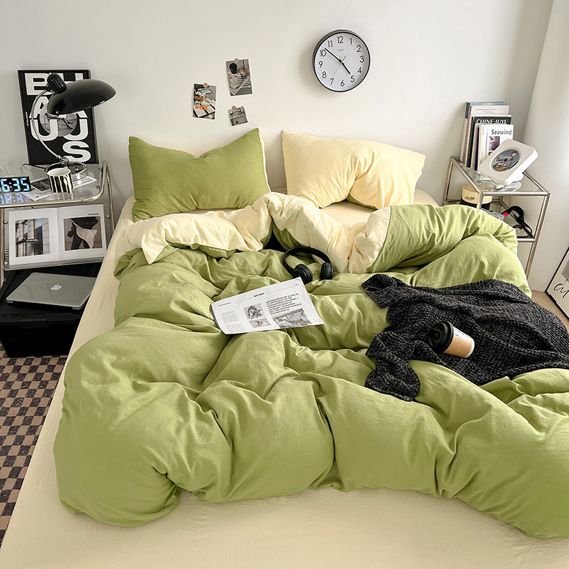 Class A Simple Solid Color Washed Cotton Four-Piece Single/Double Student Dormitory Quilt Cover Bed Sheet Three-Piece_voghion.com