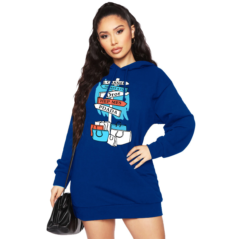 Autumn Winter Fleece Sweater Women Floral Print Hooded Mid Length Top