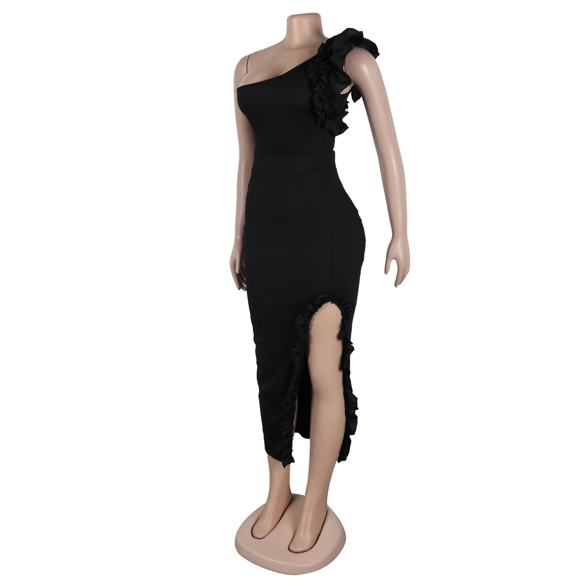 362g Weight Sleeveless Sleeve Length Polyester Fabric Type Skirt Co-ord Set Sets Type 2 Pieces Set Quantity Holiday Occasion One Shoulder Neckline Slim Fit Type Solid Color Pattern Summer Season Women's Gender Frill Design Elegant Style Holiday Women's Elegant Solid Color Polyester Frill Skirt Co-ord Set Skirt Sets 41
