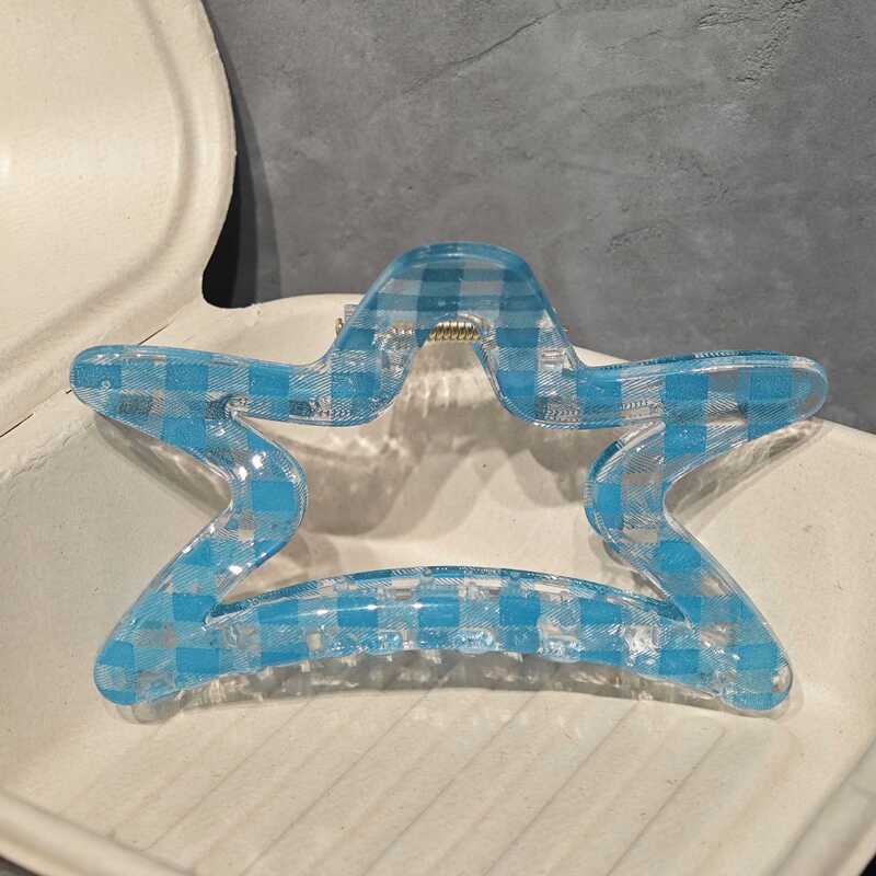 中古感蓝黑色系~百搭格纹亚克力抓夹女发抓后脑勺盘发夹子鲨鱼夹|undefined