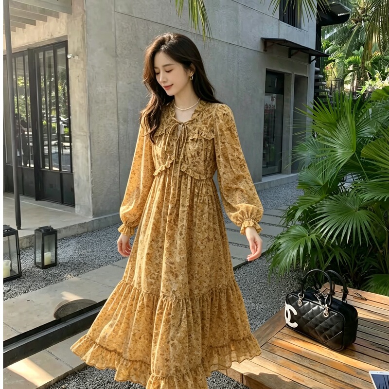 Vintage Turmeric Floral Autumn Dress with Tie, Ruffled Lantern Long Sleeves, Waist-Cinching, Layered Ruffle Hem, Mid-Length Skirt Vintage Turmeric Floral Autumn Dress with Tie, Ruffled Lantern Long Sleeves, Waist-Cinching, Layered Ruffle Hem, Mid-Length Skirt