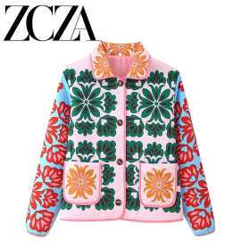 ZCZA 自制 欧美风 新款女装 时尚 百搭 法式时尚定位印花棉服外套