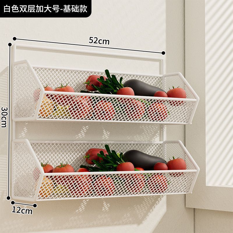 厨房墙上置物架免打孔多功能大葱姜蒜收纳筐双层悬挂架蔬菜调料架|undefined