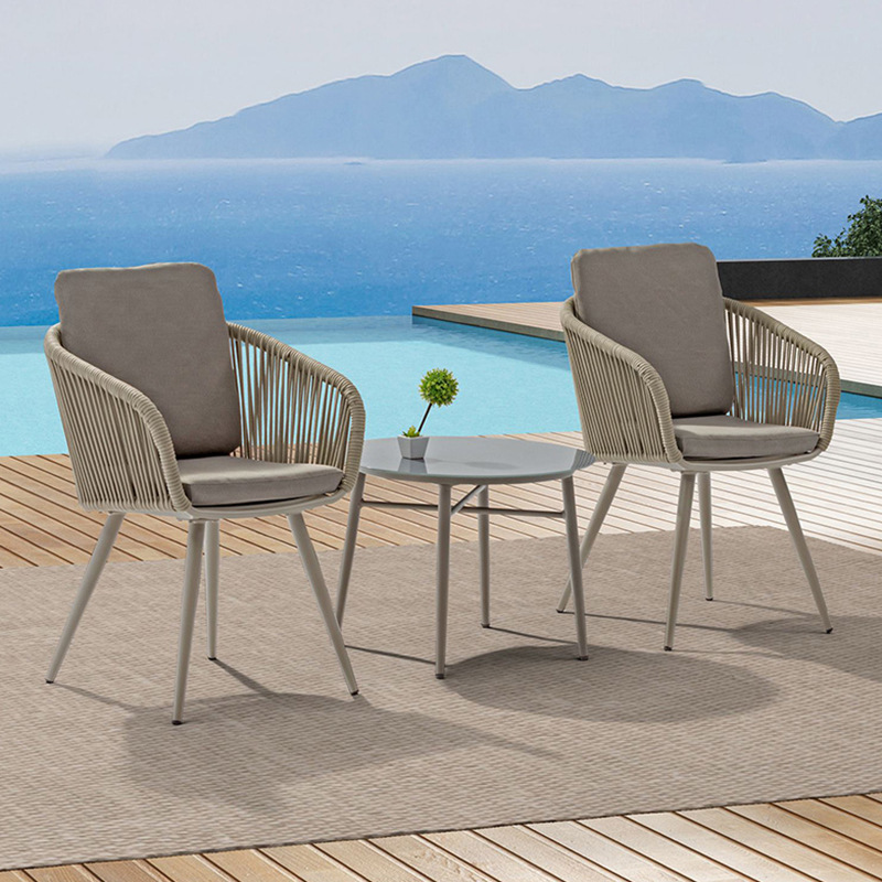 Mesas y sillas para exteriores, muebles de jardín de aleación de aluminio con tejido de cuerda, impermeables y resistentes al sol, para villas, hoteles, patios, terrazas y piscinas.