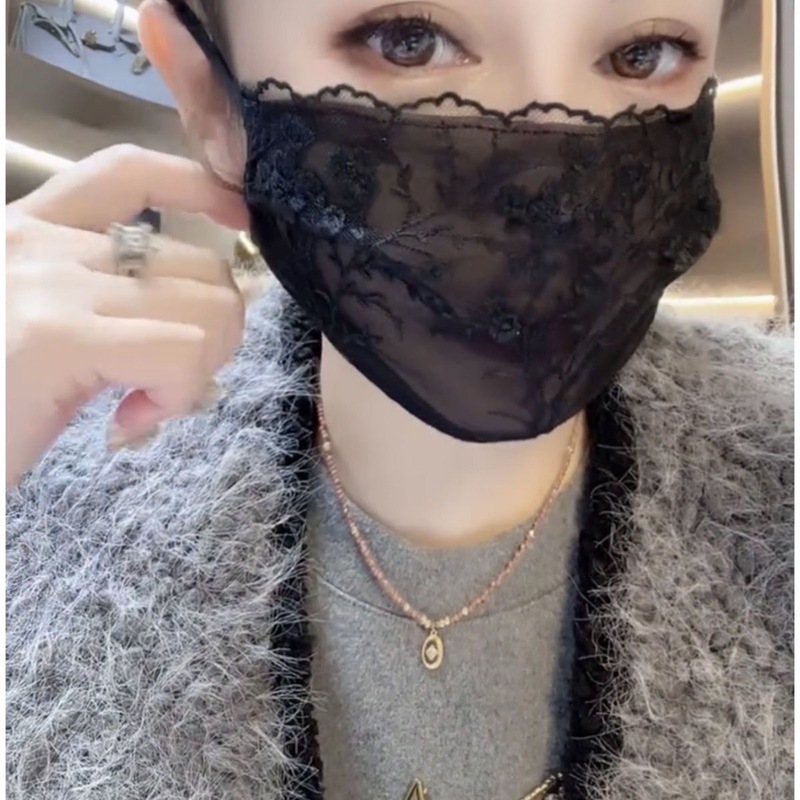 レースマスク女性黒薄型ファッション夏の日焼け止めサンシェードダイヤモンドインターネット有名人二重層マスク旅行|undefined