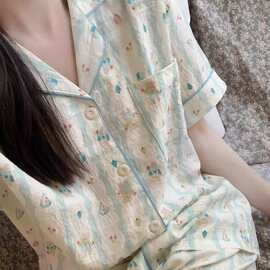 ins风蓝色小熊睡衣女夏季短袖短裤新款条纹两件套装可外穿家居服