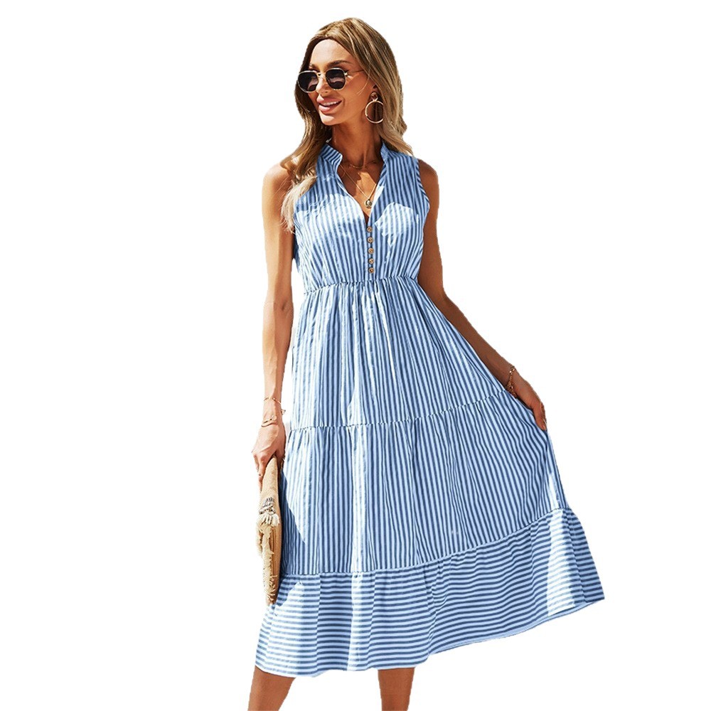 Vestido para Mujer Diseño Rayado Cintura Ajustada Falda Amplia Elegante