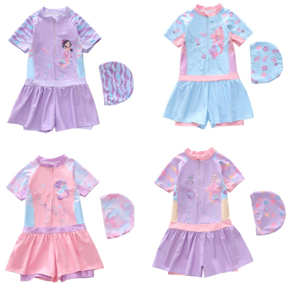 Traje de Baño Deportivo de Una Pieza de Manga Corta para Niñas de Poliéster Alta Elasticidad para Natación