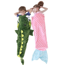 新款法兰绒美人鱼睡袋卡通儿童睡袋鲨鱼夜光裹毯空调毯宝宝防踢被
