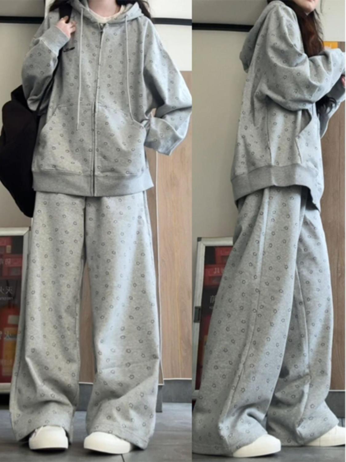 灰色慵懒休闲运动服套装女学生秋季宽松大码连帽卫衣阔腿裤两件套