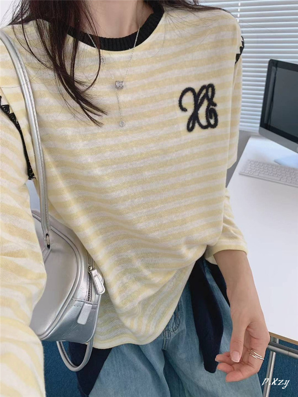 011秋季2025新款慵懒风松弛感上衣撞色条纹字母长袖打底衫女士T恤|undefined