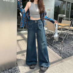【韩牛】2025秋冬新款高腰宽松垂感深蓝色高腰显瘦直筒牛仔裤女