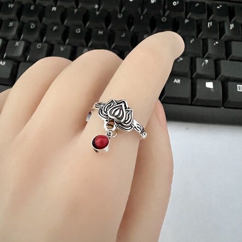 925 Silver Blue Lotus Tassel Ring for Women, Adjustable, Original Design, Retro Simple Finger Ring, Suitable for Pinky Finger, Accessory