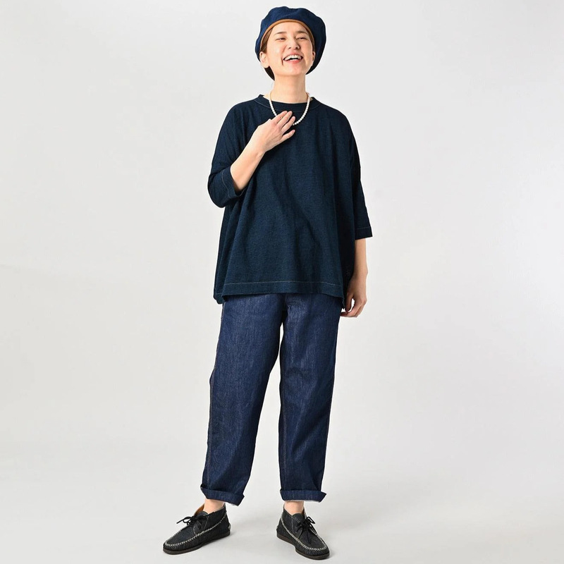 原工厂直供外贸服装麻蓝靛蓝版45R宽松7分袖T圆领套头男女同款T恤|undefined