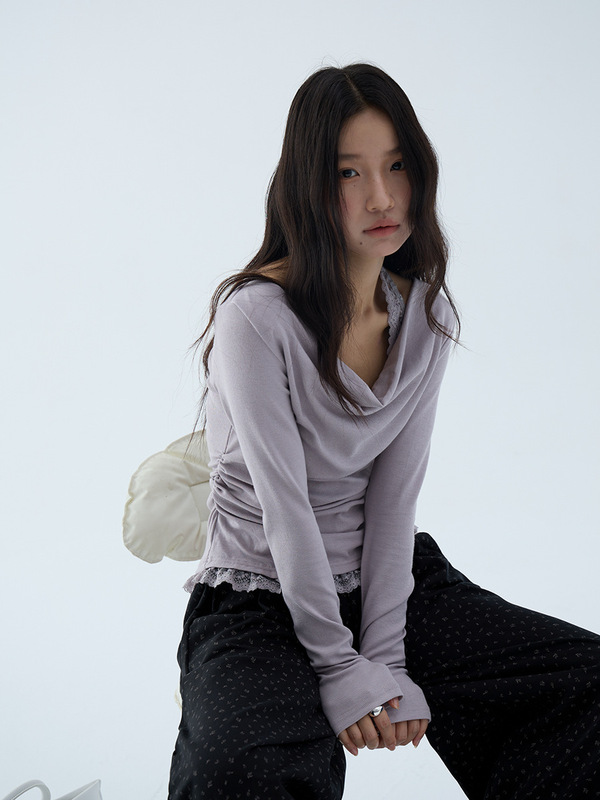 【欧凡】纯欲风荡领蕾丝挂脖假两件长袖T恤女25秋季别致上衣3140|undefined