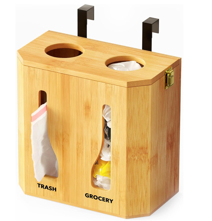 Bamboo kitchen garbage bag storage rack, wall hanging