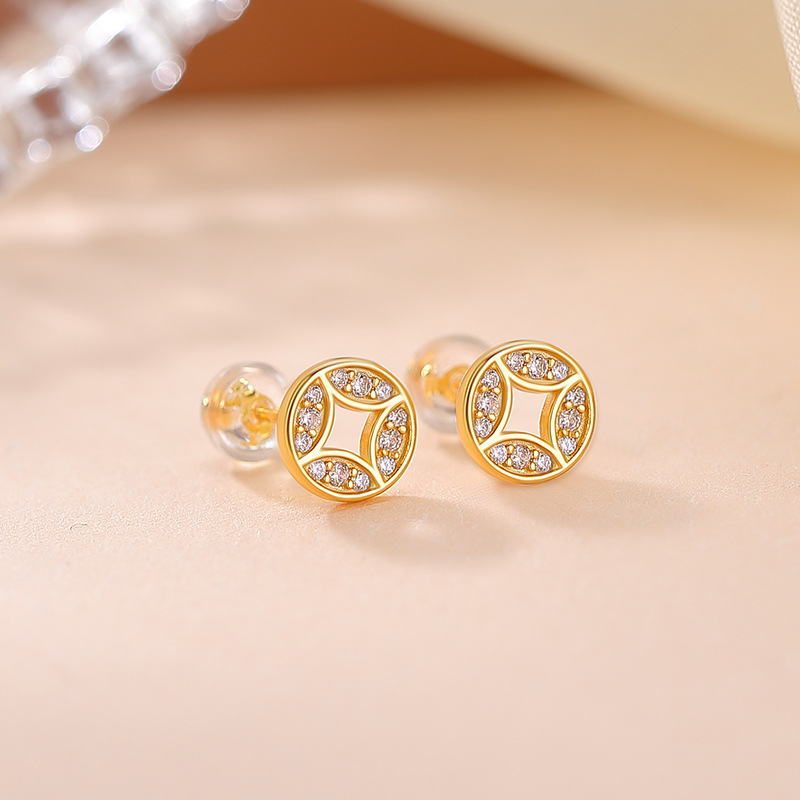 Khuyên tai bạc S925 mạ vàng hình đồng xu phong cách tân cổ điển — Bạc