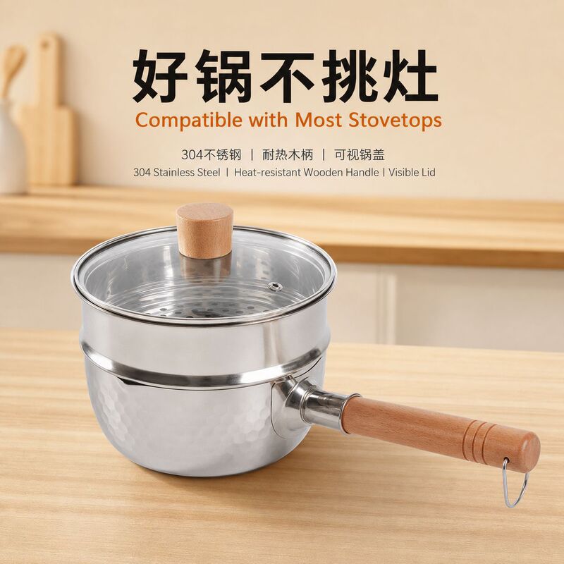 Manufacturer's In-Stock Hammered 304 Stainless Steel Yukihira Pot with Wooden Handle, Thickened Food Preparation Pot, Milk Pot for Home and Dormitory Use with Steaming Rack for Soup