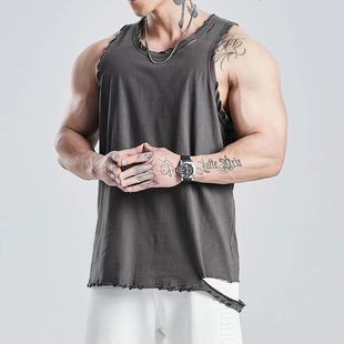Summer Oversize 150.00kg American Style Retro High Street Rip Sports Vest Men's Fitness Training Loose Sleeveless T-shirt