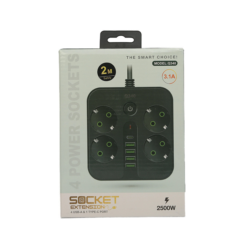 Caja de toma de corriente europea en blanco y negro 4USB + 1 Tipo-C con interruptor