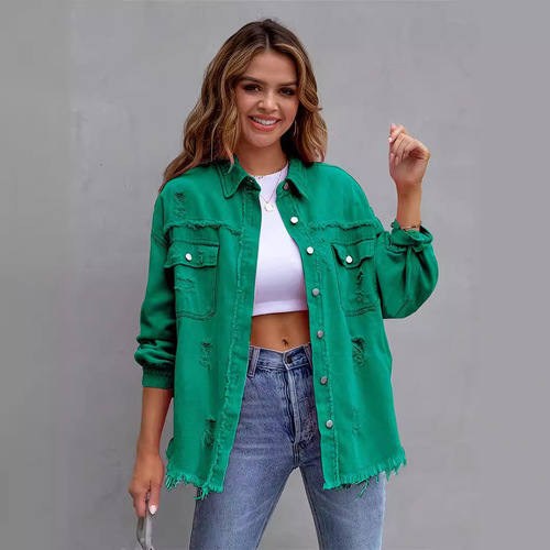 Cross-border new style European and American denim jacket women's solid color loose jacket ripped long-sleeved women's denim shirt