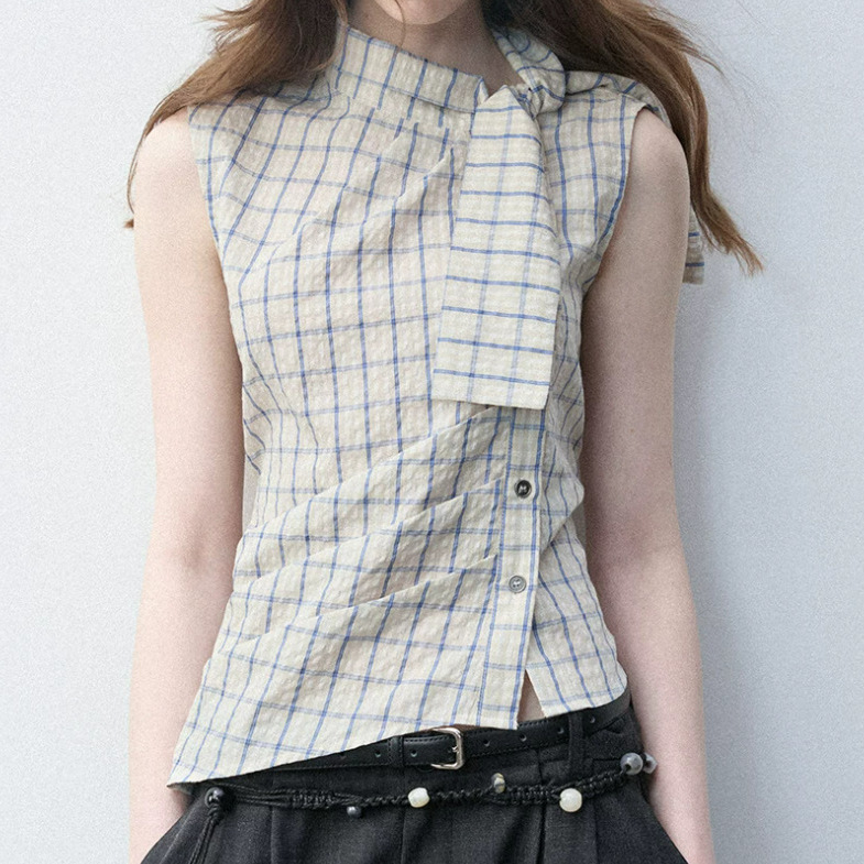 Eightmonth Fashionable Plaid High-Neck Tie-Waist Top for Women, New Slim-Fit Elegant Versatile Shirt Eightmonth Fashionable Plaid High-Neck Tie-Waist Top for Women, New Slim-Fit Elegant Versatile Shirt
