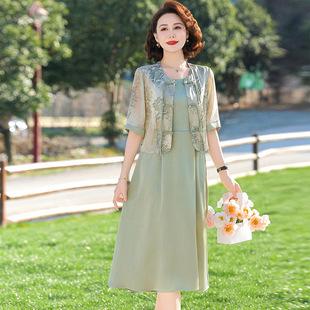 Summer Guofeng Short-sleeved Mother's dress 2025 Summer Middle-aged and Elderly Real Two-piece Top Fashion Mother-in-law Short-sleeved